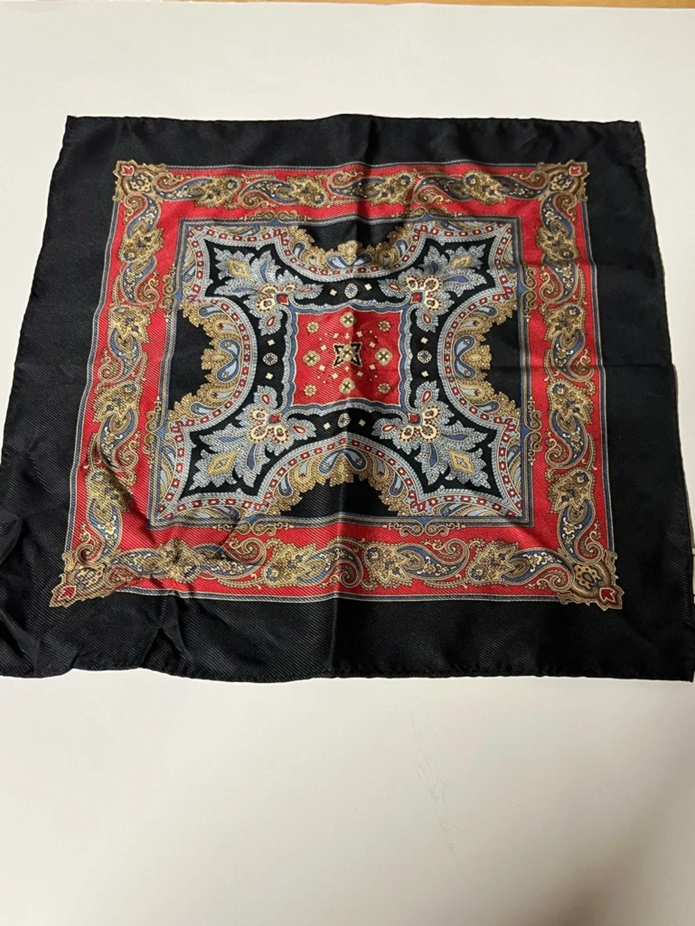 Joseph Abboud Black, Red and Gold Paisley Decorative Square Scarf 100% Silk